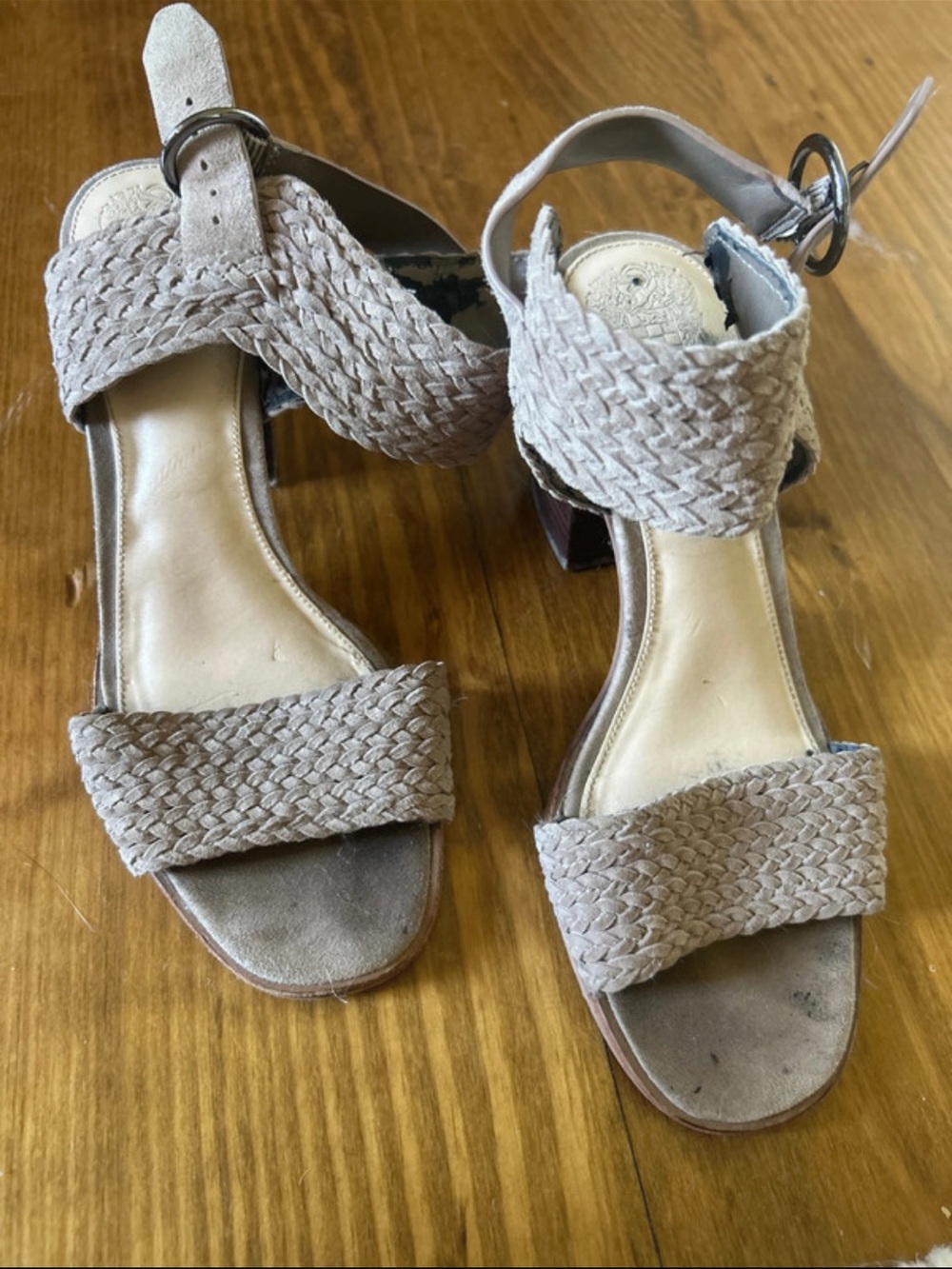 Vince Camuto 8 Braided Strap sandal with a black heel Women's Sandals in Taupe